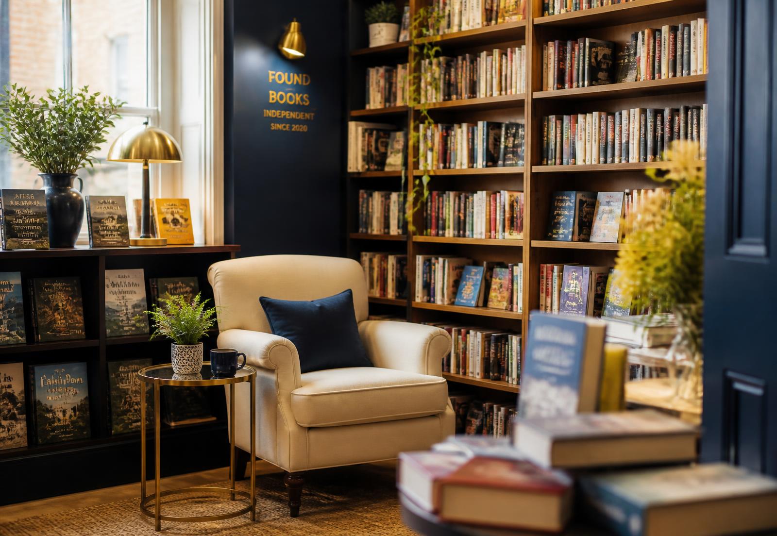 Modern bookshop interior with shelves of books and a cream reading chair